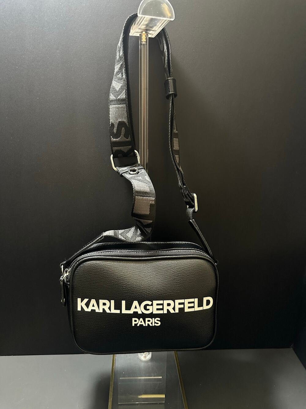 Karl Lagerfeld Paris Black Logo Camera Crossbody Bag Double Zip Webbing Strap
